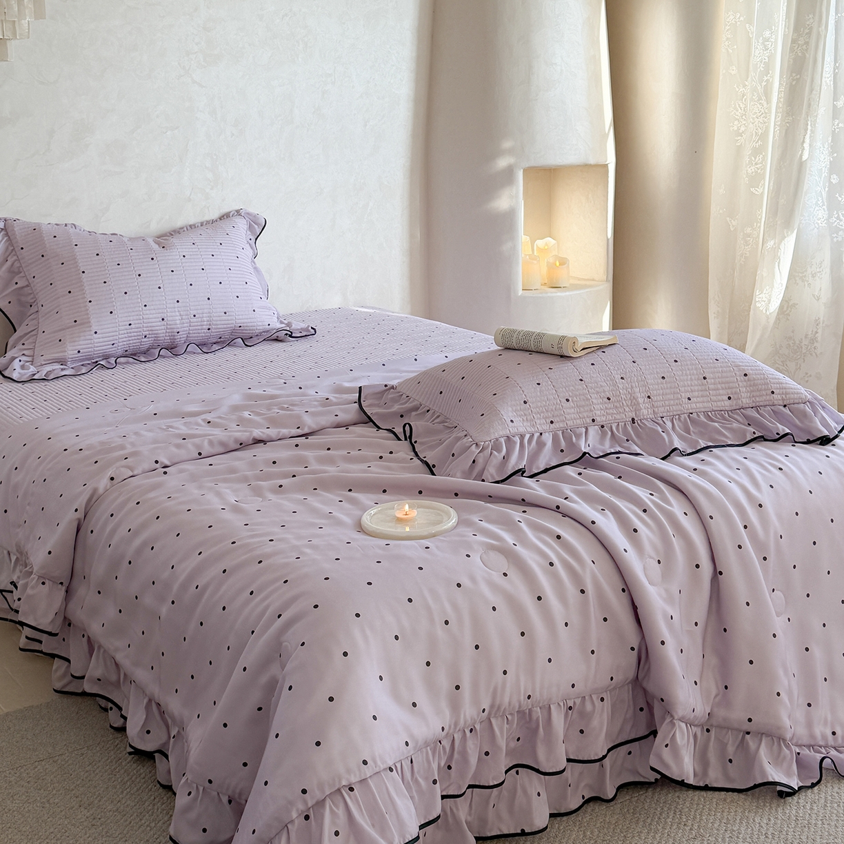 91家纺网 家纺一手货源 找家纺 琳可家居 2026新款波点天丝系列花边款100%莱赛尔纤维天丝床盖可机洗A类床盖三件 清新紫