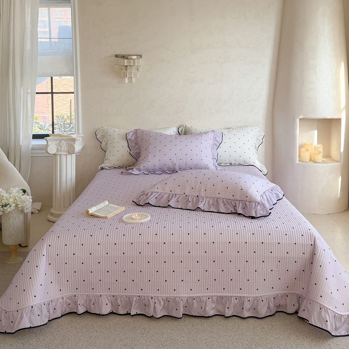 91家纺网 家纺一手货源 找家纺 琳可家居 2026新款波点天丝系列花边款100%莱赛尔纤维天丝床盖可机洗A类床盖三件 清新紫