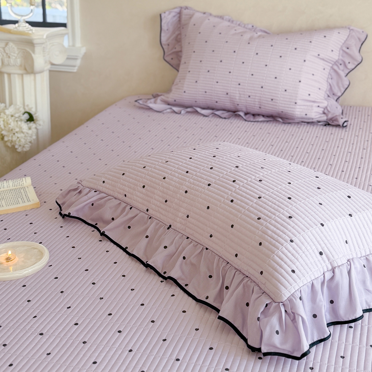 91家纺网 家纺一手货源 找家纺 琳可家居 2026新款波点天丝系列花边款100%莱赛尔纤维天丝床盖可机洗A类床盖三件 清新紫