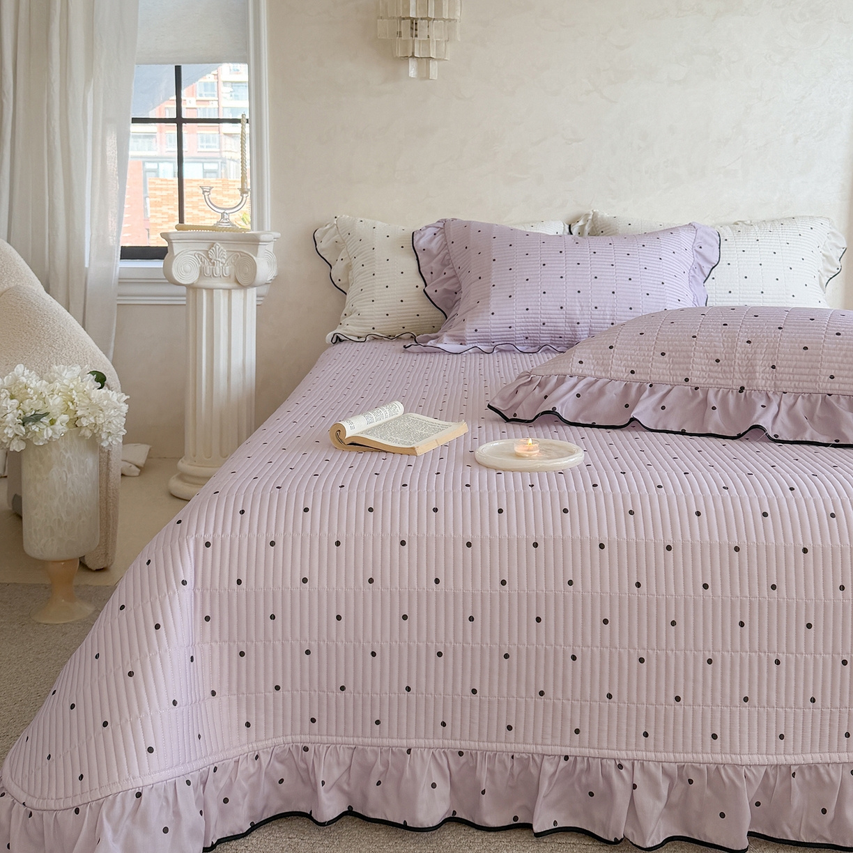 91家纺网 家纺一手货源 找家纺 琳可家居 2026新款波点天丝系列花边款100%莱赛尔纤维天丝床盖可机洗A类床盖三件 清新紫