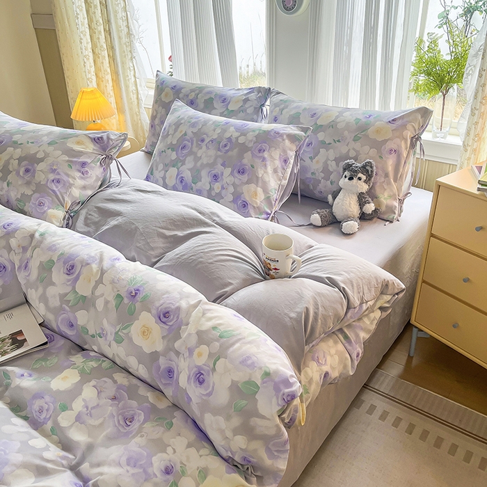 91家纺网 家纺一手货源 找家纺 帛洵家纺 2026新款110g超柔水洗宝宝有氧仿棉四件套（提供买家秀） 惬意午后-紫