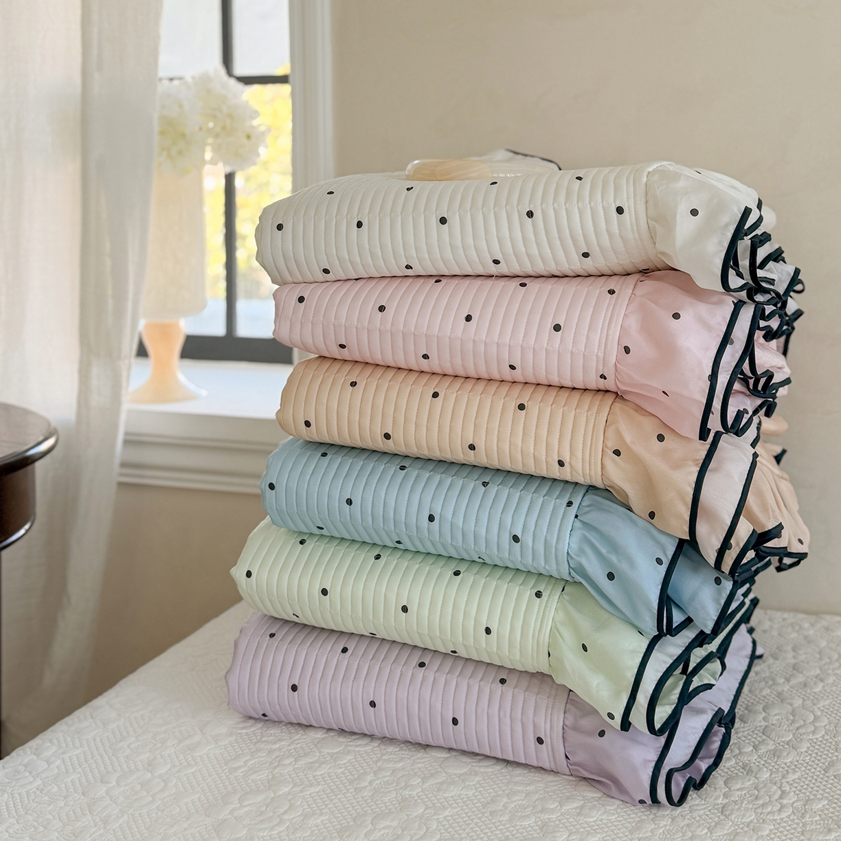 91家纺网 家纺一手货源 找家纺 琳可家居 2026新款波点天丝系列花边款100%莱赛尔纤维天丝床盖可机洗A类床盖三件 组合图仅供展示不可下单