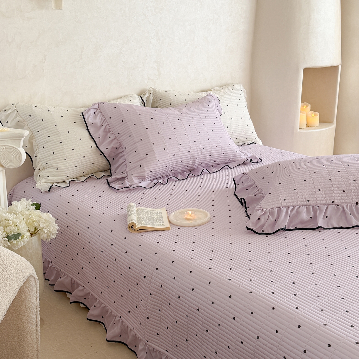 91家纺网 家纺一手货源 找家纺 琳可家居 2026新款波点天丝系列花边款100%莱赛尔纤维天丝床盖可机洗A类床盖三件 清新紫