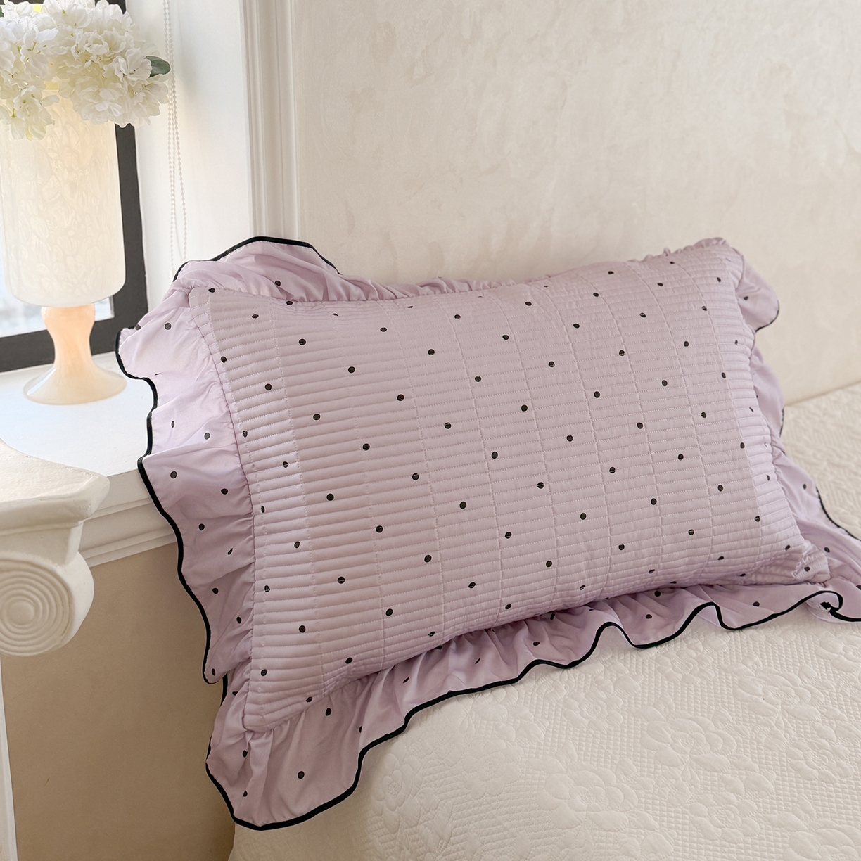 91家纺网 家纺一手货源 找家纺 琳可家居 2026新款波点天丝系列花边款100%莱赛尔纤维天丝床盖可机洗A类床盖三件 清新紫