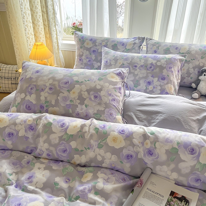 91家纺网 家纺一手货源 找家纺 帛洵家纺 2026新款110g超柔水洗宝宝有氧仿棉四件套（提供买家秀） 惬意午后-紫