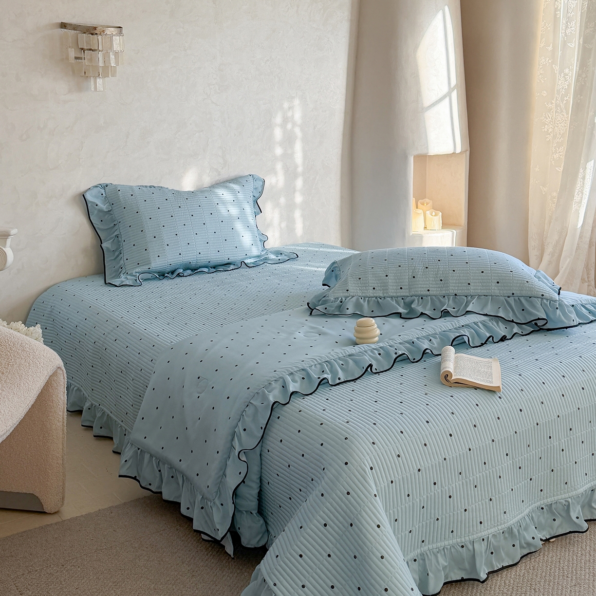 琳可家居 2026新款波点天丝系列花边款100%莱赛尔纤维天丝床盖可机洗A类床盖三件 海洋蓝