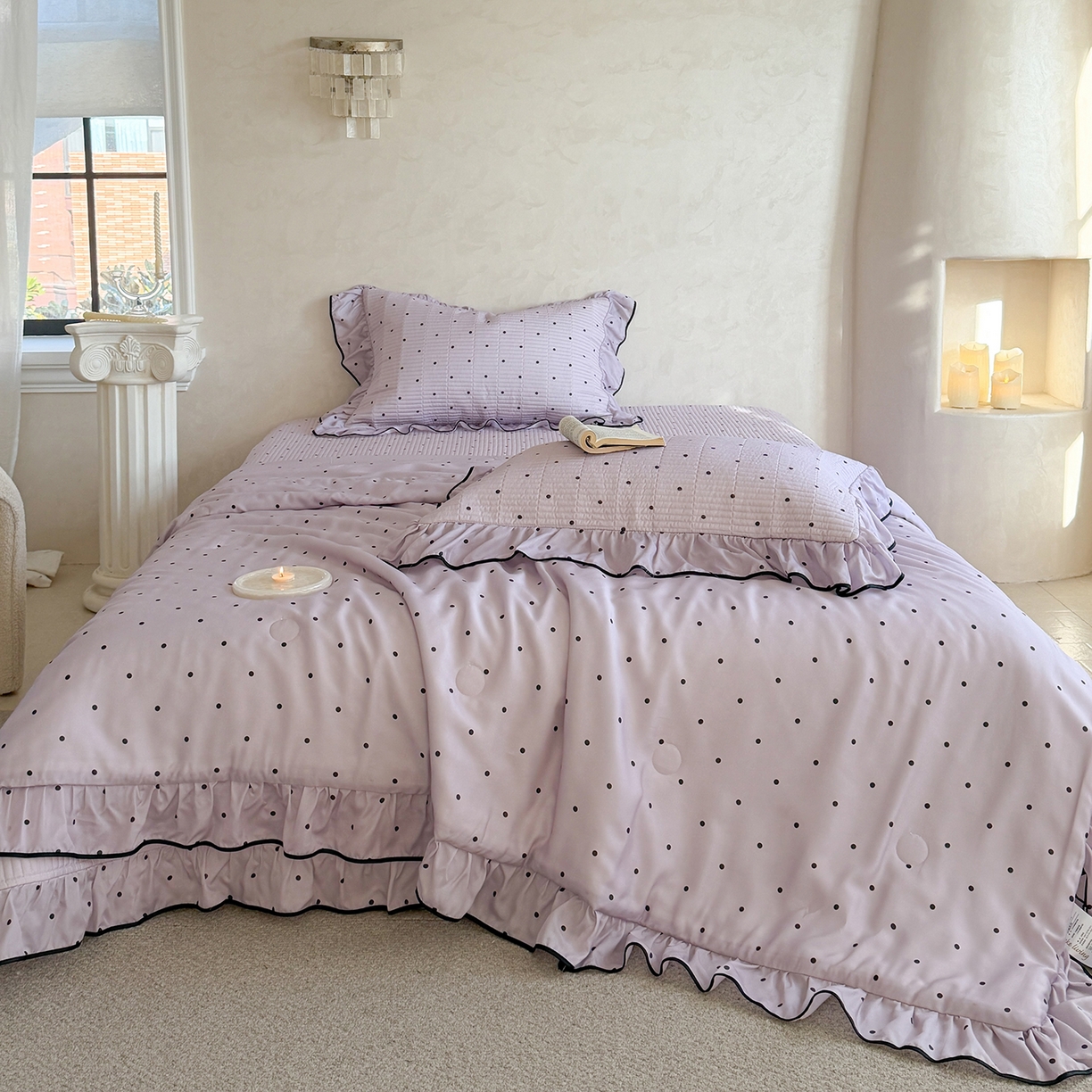 91家纺网 家纺一手货源 找家纺 琳可家居 2026新款波点天丝系列花边款100%莱赛尔纤维天丝床盖可机洗A类床盖三件 清新紫