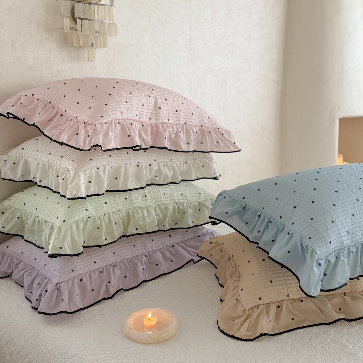 91家纺网 家纺一手货源 找家纺 琳可家居 2026新款波点天丝系列花边款100%莱赛尔纤维天丝床盖可机洗A类床盖三件 组合图仅供展示不可下单