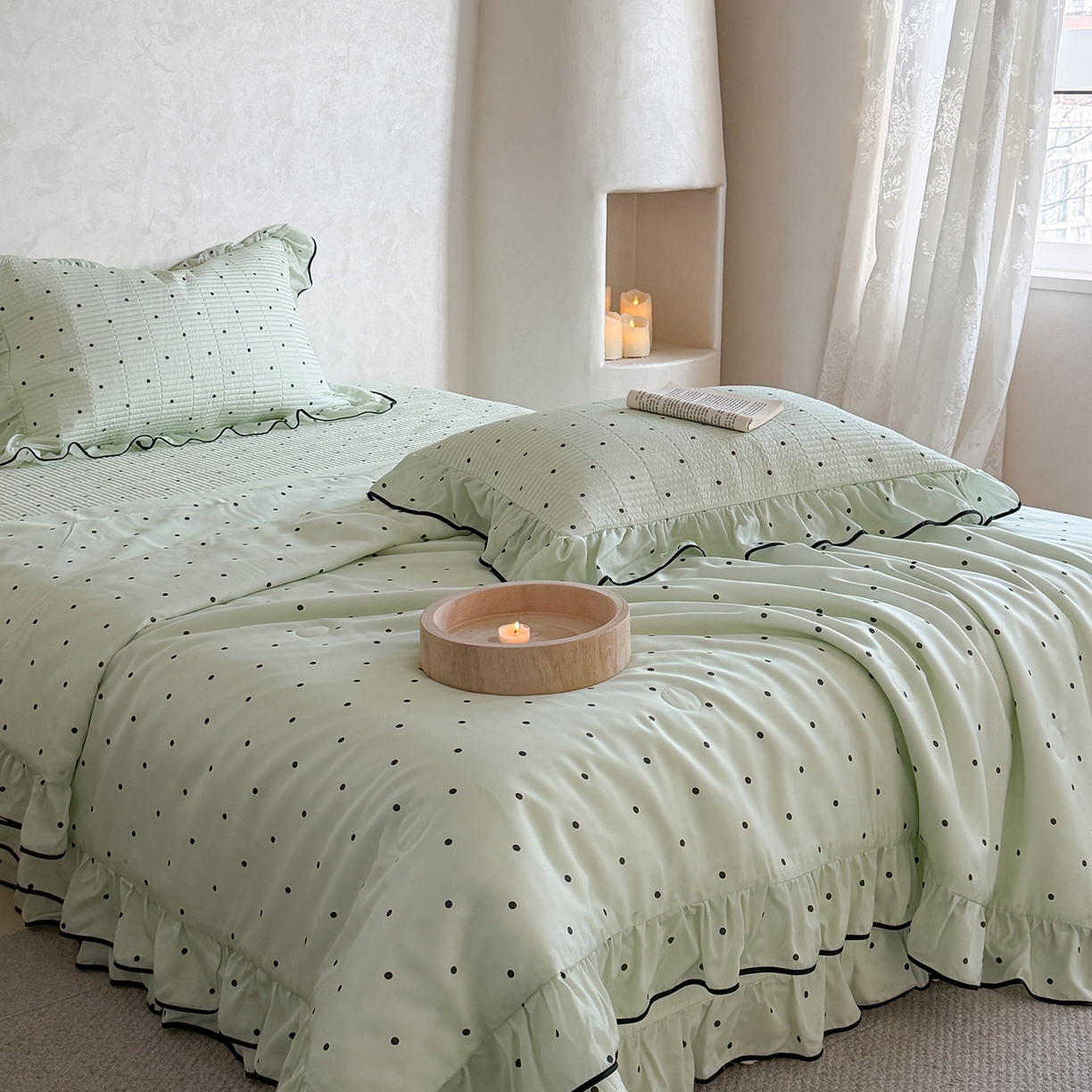 91家纺网 家纺一手货源 找家纺 琳可家居 2026新款波点天丝系列花边款100%莱赛尔纤维天丝床盖可机洗A类床盖三件 薄荷绿
