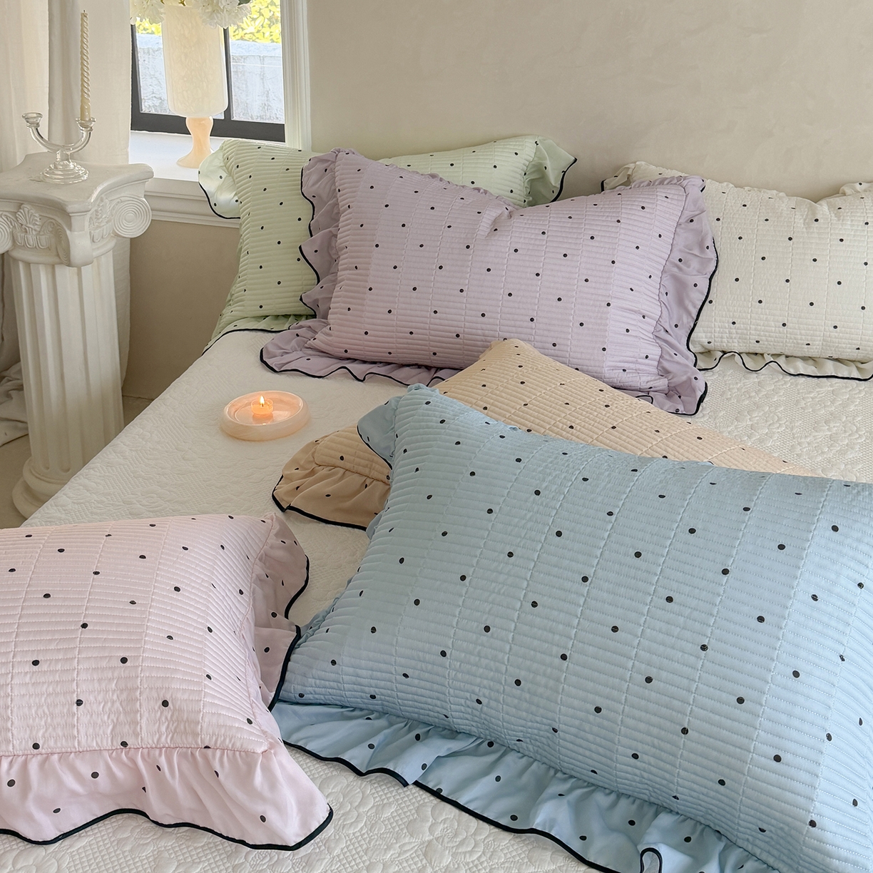 91家纺网 家纺一手货源 找家纺 琳可家居 2026新款波点天丝系列花边款100%莱赛尔纤维天丝床盖可机洗A类床盖三件 组合图仅供展示不可下单