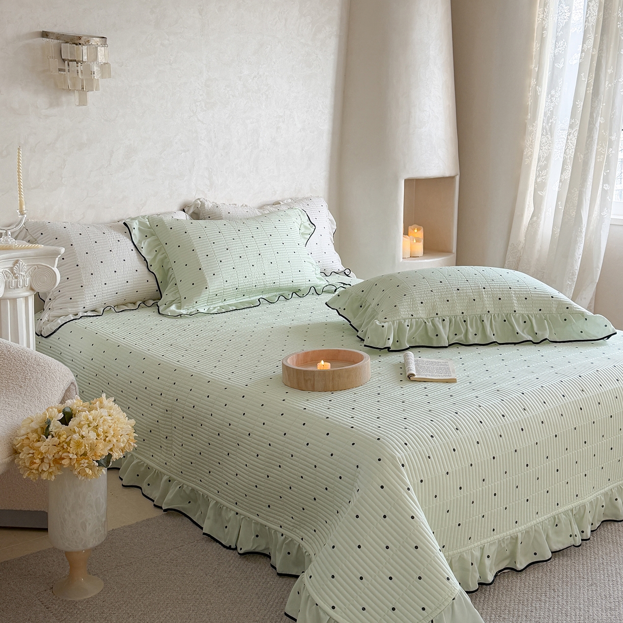 91家纺网 家纺一手货源 找家纺 琳可家居 2026新款波点天丝系列花边款100%莱赛尔纤维天丝床盖可机洗A类床盖三件 薄荷绿