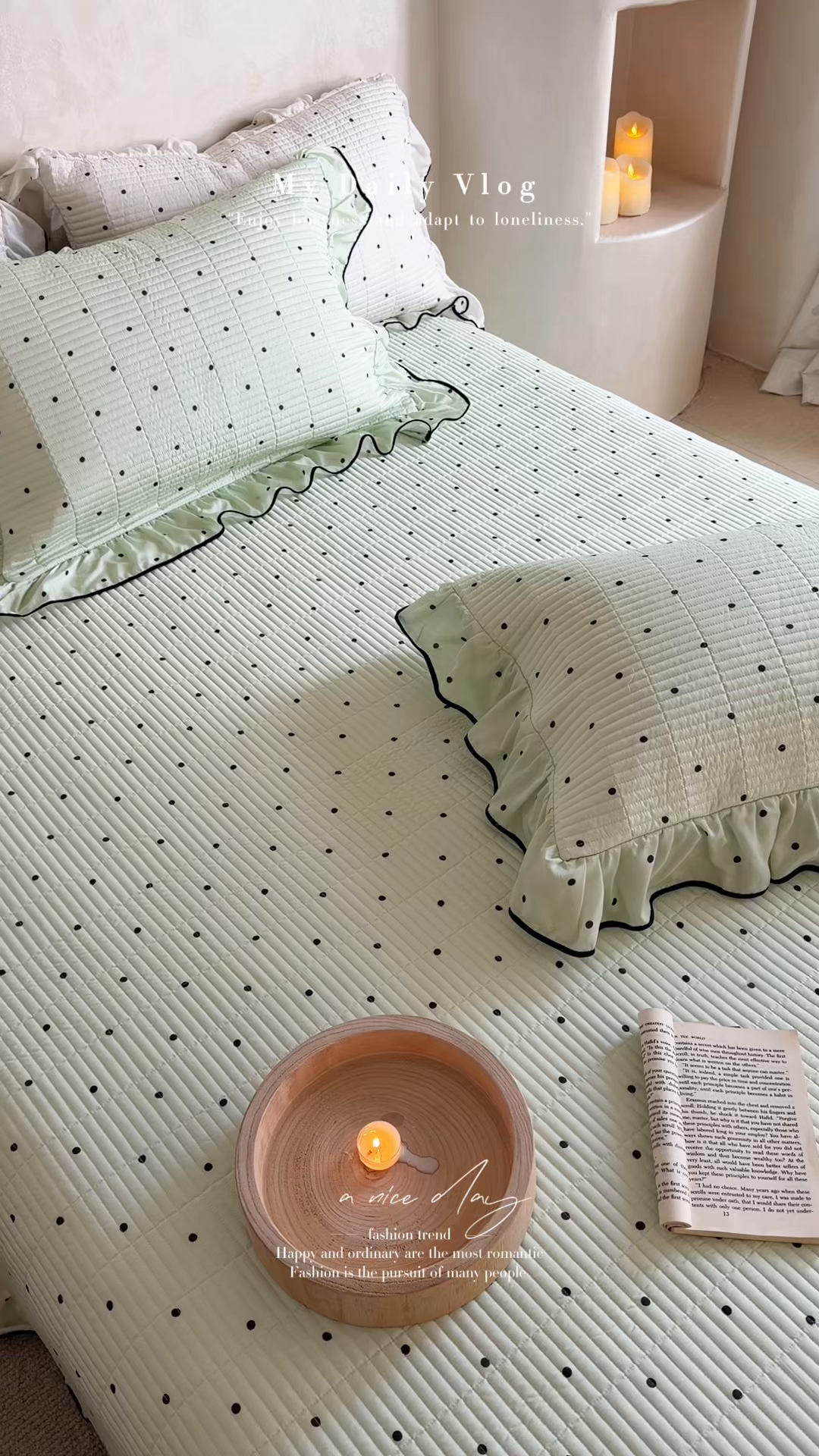 91家纺网 家纺一手货源 找家纺 琳可家居 2026新款波点天丝系列花边款100%莱赛尔纤维天丝床盖可机洗A类床盖三件 薄荷绿