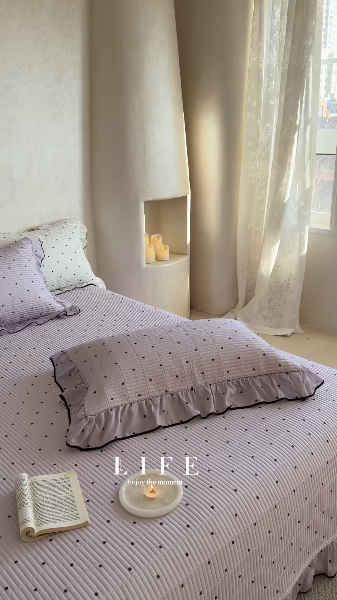 91家纺网 家纺一手货源 找家纺 琳可家居 2026新款波点天丝系列花边款100%莱赛尔纤维天丝床盖可机洗A类床盖三件 清新紫
