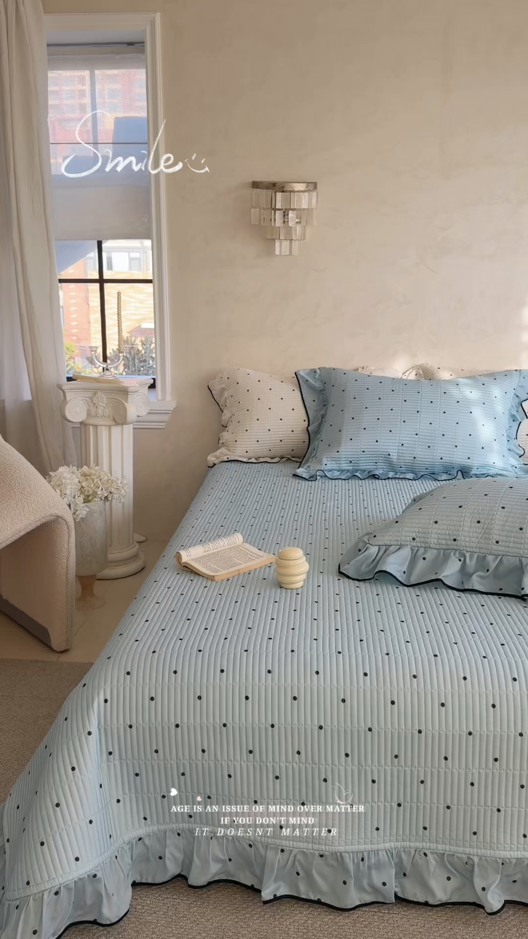 91家纺网 家纺一手货源 找家纺 琳可家居 2026新款波点天丝系列花边款100%莱赛尔纤维天丝床盖可机洗A类床盖三件 海洋蓝