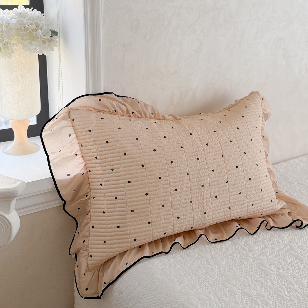 91家纺网 家纺一手货源 找家纺 琳可家居 2026新款波点天丝系列花边款100%莱赛尔纤维天丝床盖可机洗A类床盖三件 卡其杏