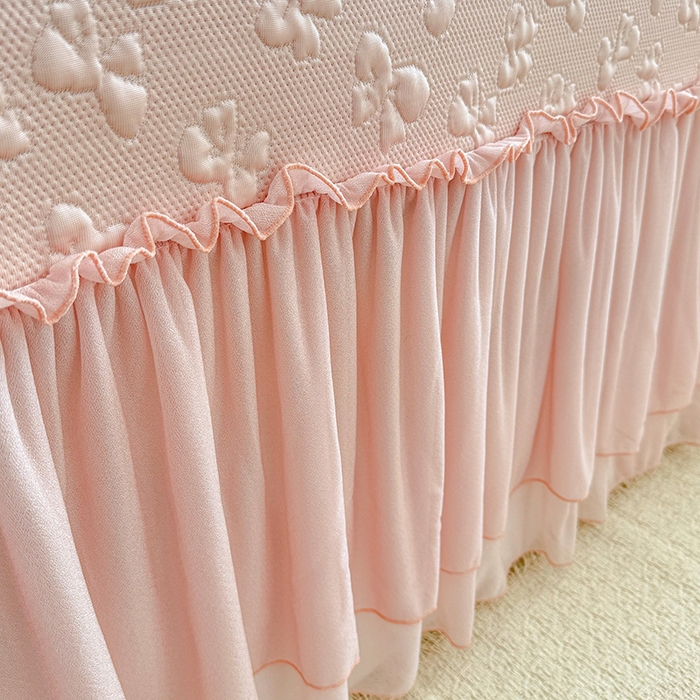 91家纺网 家纺一手货源 找家纺 红夫人 2026新款凉豆豆PE高分子凉感弯边床裙凉席三件套--小确幸（三明治复合+精美手提包） 小确幸粉色