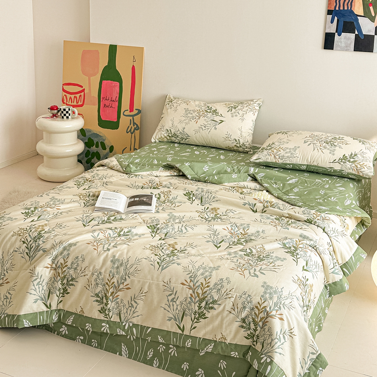 91家纺网 家纺一手货源 找家纺 梵克保罗 2026春夏新款10A抗菌全棉印花夏被被子被芯空调被四件套 仙草