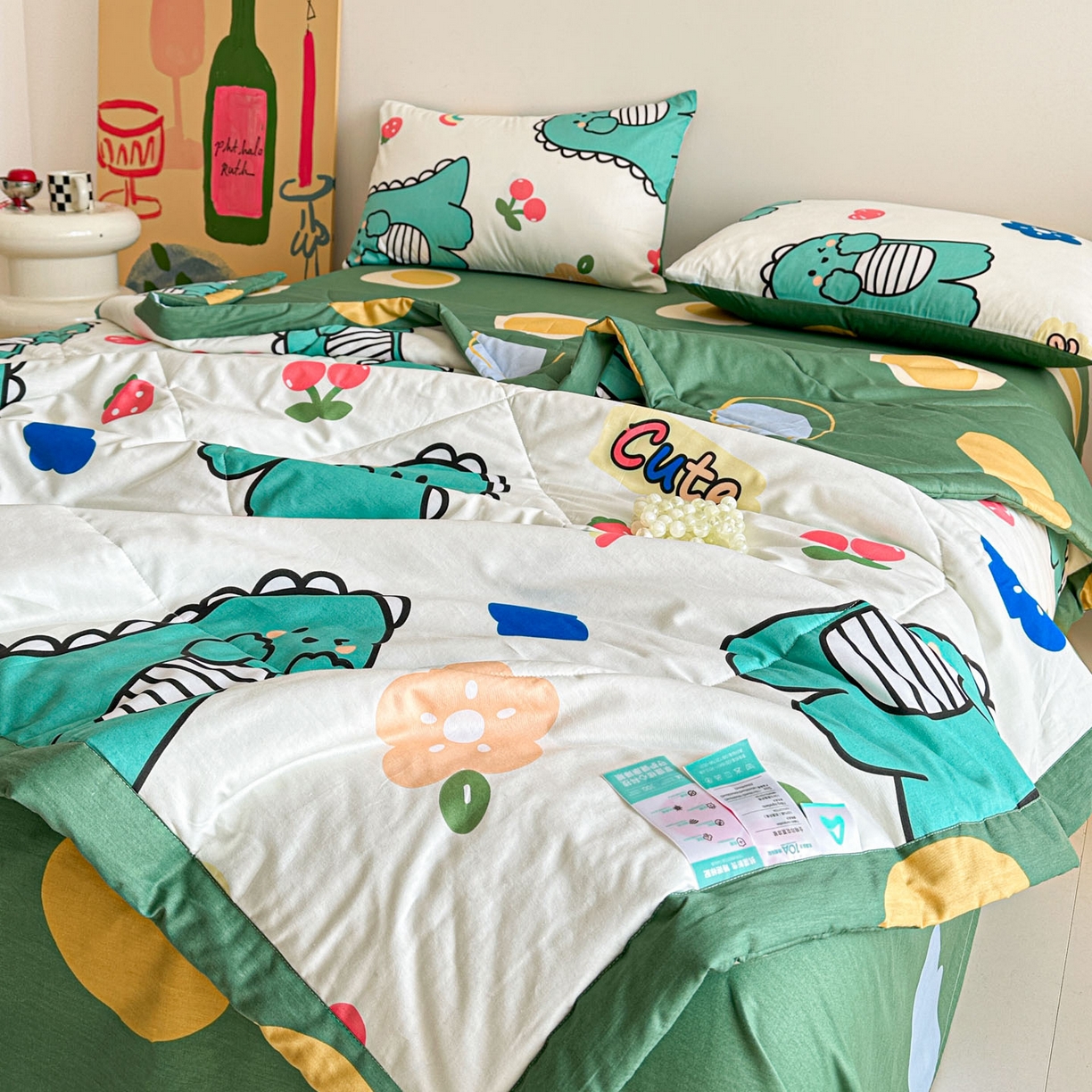 91家纺网 家纺一手货源 找家纺 梵克保罗 2026春夏新款10A抗菌全棉印花夏被被子被芯空调被四件套 小恐龙