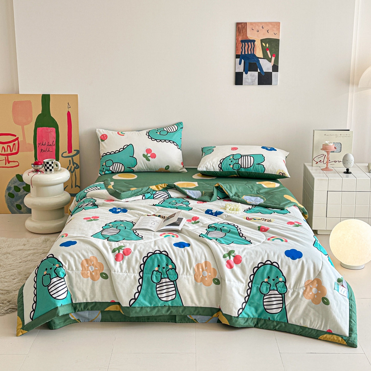 91家纺网 家纺一手货源 找家纺 梵克保罗 2026春夏新款10A抗菌全棉印花夏被被子被芯空调被四件套 小恐龙