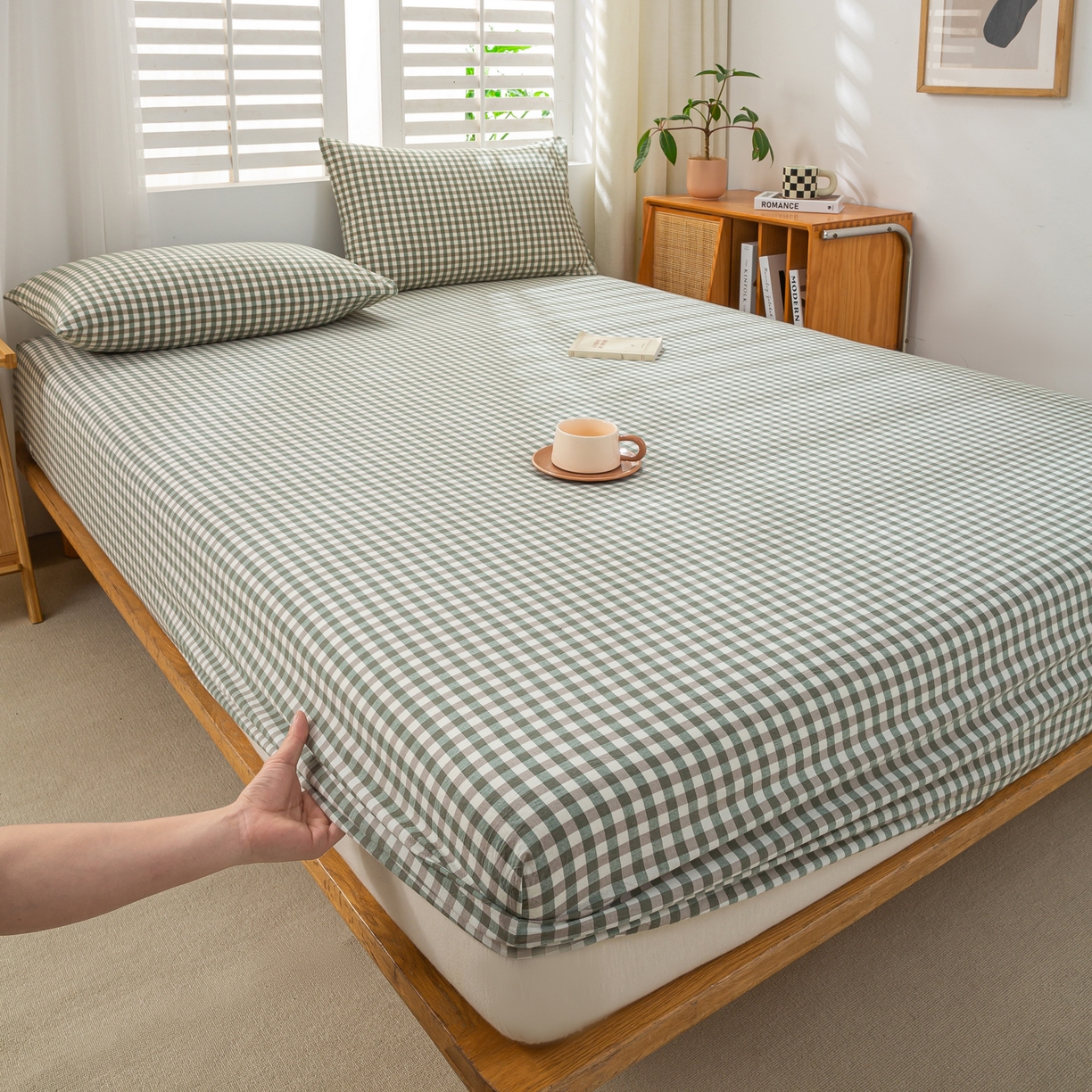 91家纺网 家纺一手货源 找家纺 恋人优选 2026新款全棉纯棉水洗棉单床笠床笠单件 小绿格