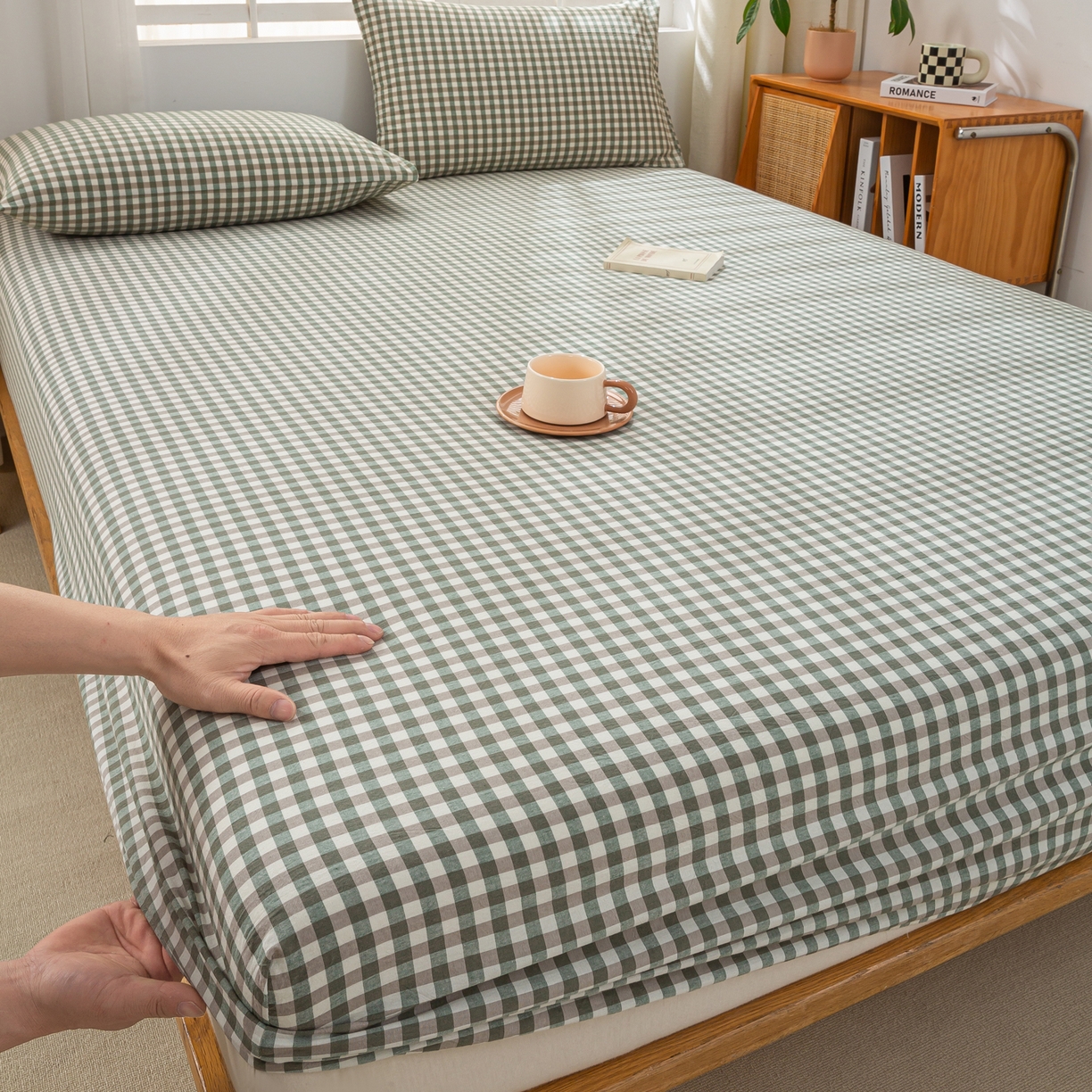 91家纺网 家纺一手货源 找家纺 恋人优选 2026新款全棉纯棉水洗棉单床笠床笠单件 小绿格