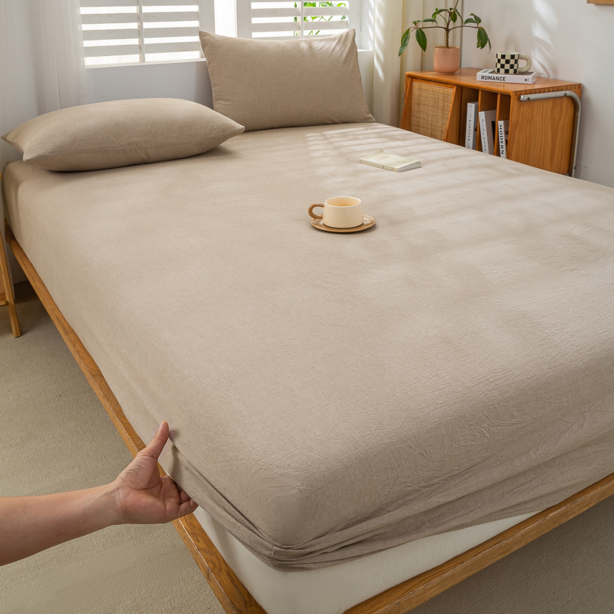 91家纺网 家纺一手货源 找家纺 恋人优选 2026新款全棉纯棉水洗棉单床笠床笠单件 杏仁棕