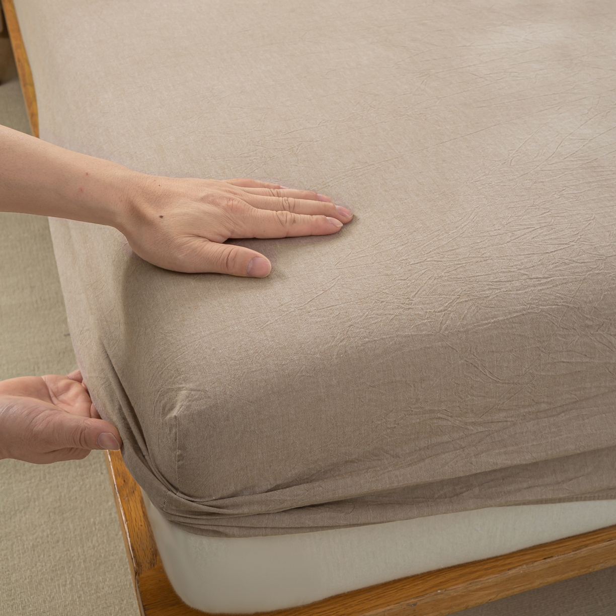 91家纺网 家纺一手货源 找家纺 恋人优选 2026新款全棉纯棉水洗棉单床笠床笠单件 杏仁棕