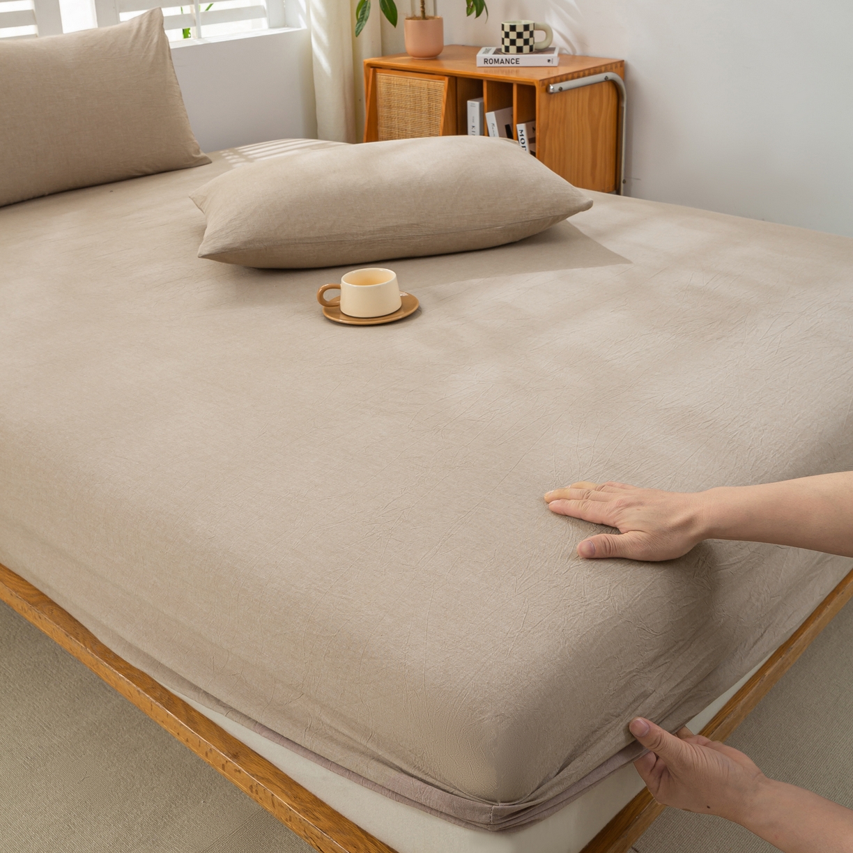 91家纺网 家纺一手货源 找家纺 恋人优选 2026新款全棉纯棉水洗棉单床笠床笠单件 杏仁棕