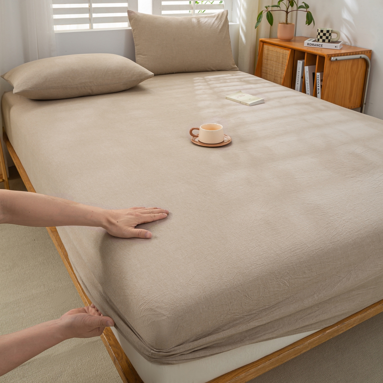 91家纺网 家纺一手货源 找家纺 恋人优选 2026新款全棉纯棉水洗棉单床笠床笠单件 杏仁棕