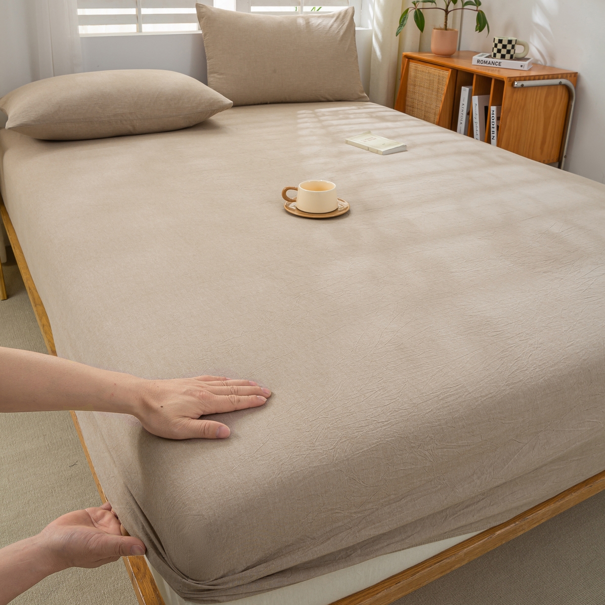 91家纺网 家纺一手货源 找家纺 恋人优选 2026新款全棉纯棉水洗棉单床笠床笠单件 杏仁棕