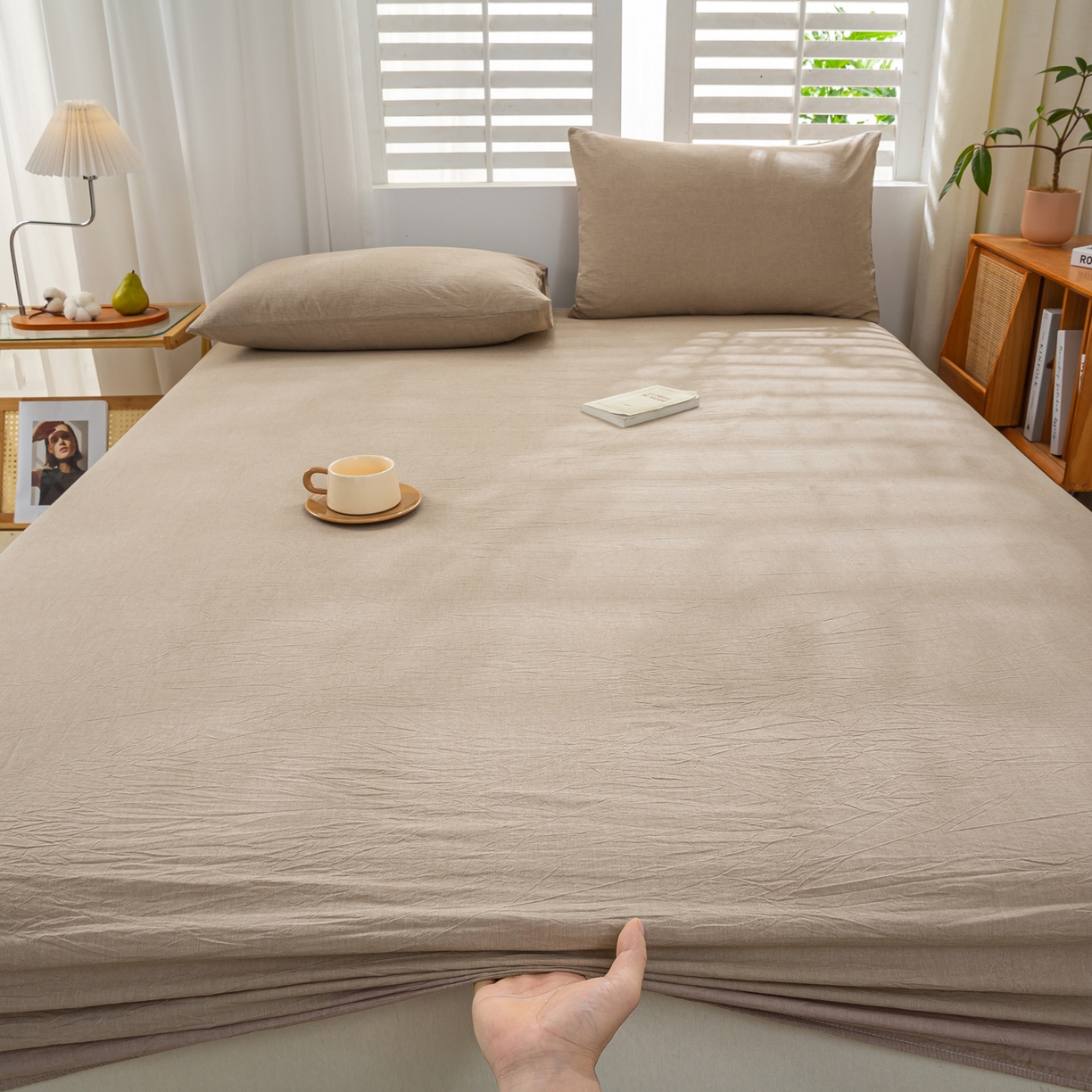 91家纺网 家纺一手货源 找家纺 恋人优选 2026新款全棉纯棉水洗棉单床笠床笠单件 杏仁棕