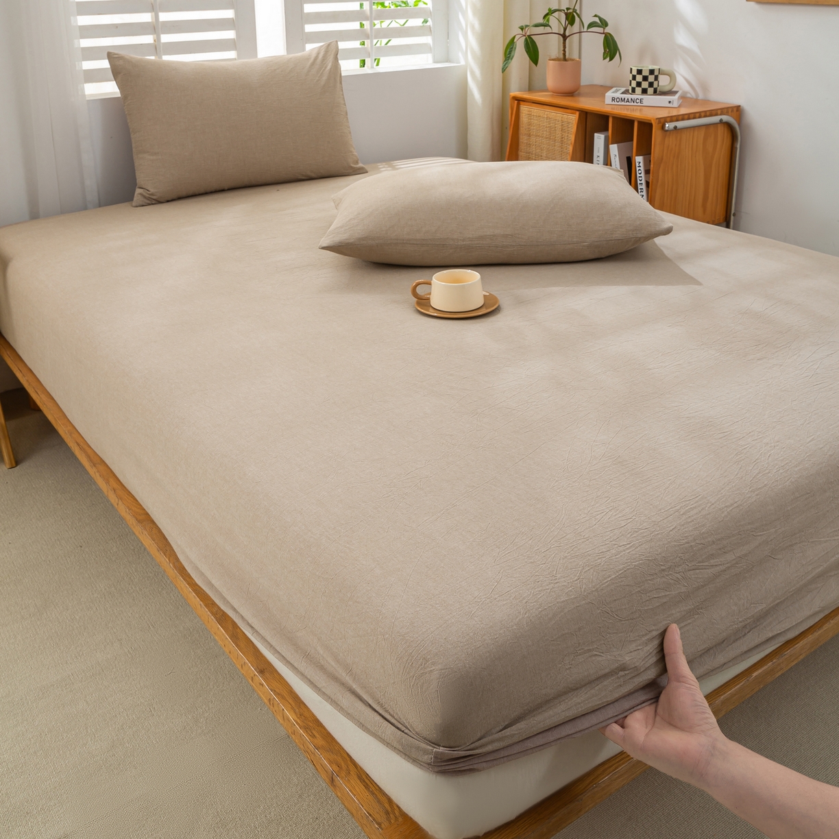 91家纺网 家纺一手货源 找家纺 恋人优选 2026新款全棉纯棉水洗棉单床笠床笠单件 杏仁棕