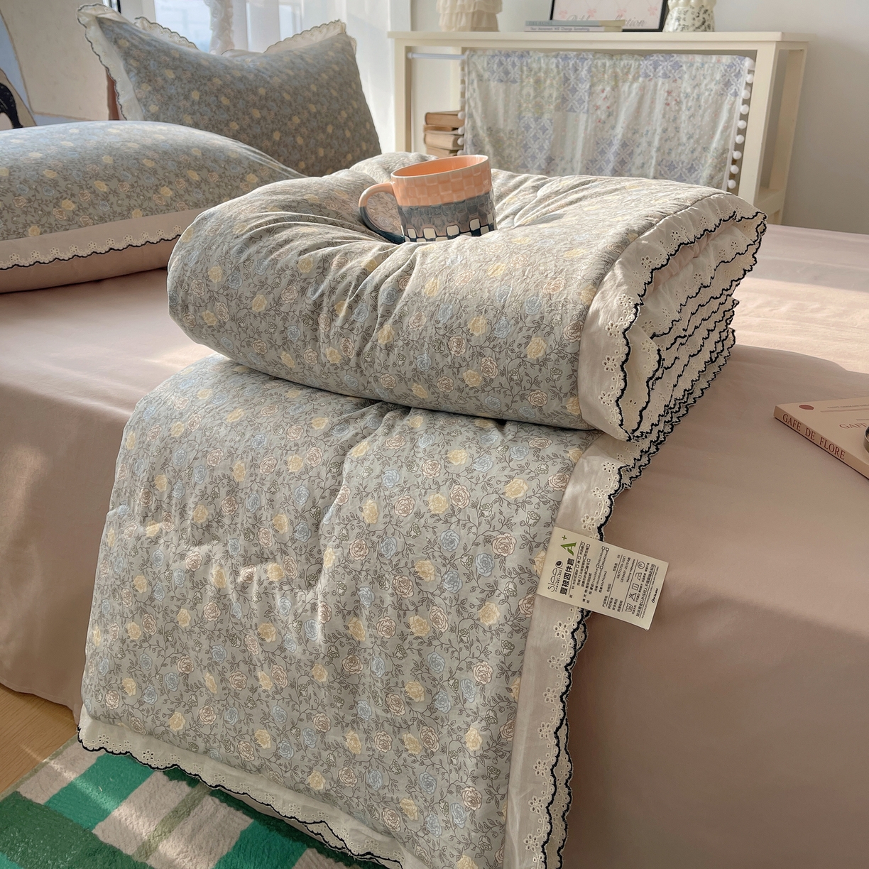 91家纺网 家纺一手货源 找家纺 （总）梵克保罗 2026春夏新款10A抗菌全棉黑色花边云朵棉单夏被/夏被四件套空调被