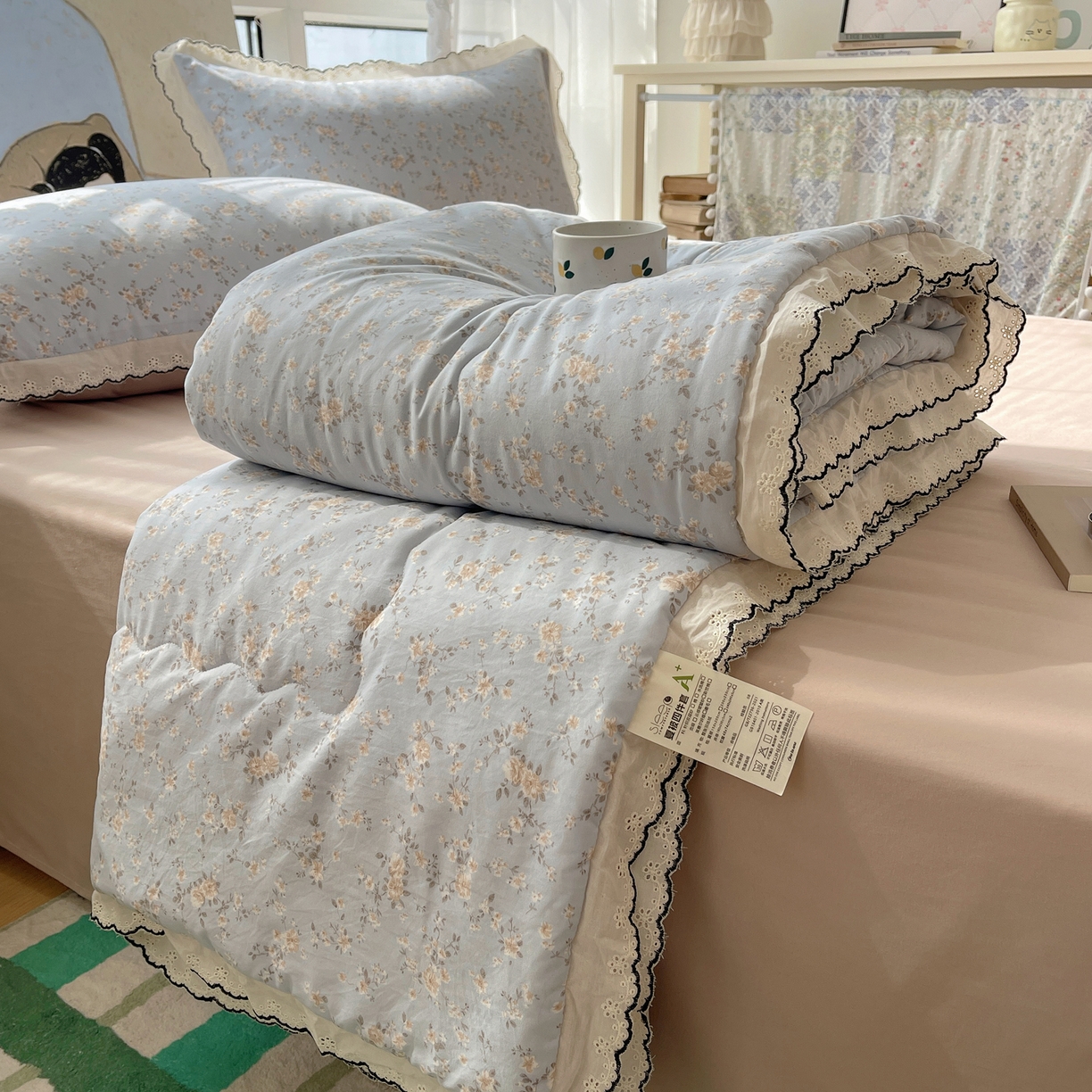 梵克保罗 2026春夏新款10A抗菌全棉黑色花边云朵棉单夏被/夏被四件套空调被 云朵棉-浅蓝花夕