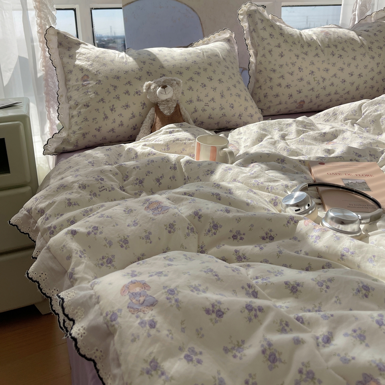 91家纺网 家纺一手货源 找家纺 梵克保罗 2026春夏新款10A抗菌全棉黑色花边云朵棉单夏被/夏被四件套空调被 云朵棉-甜囡紫絮