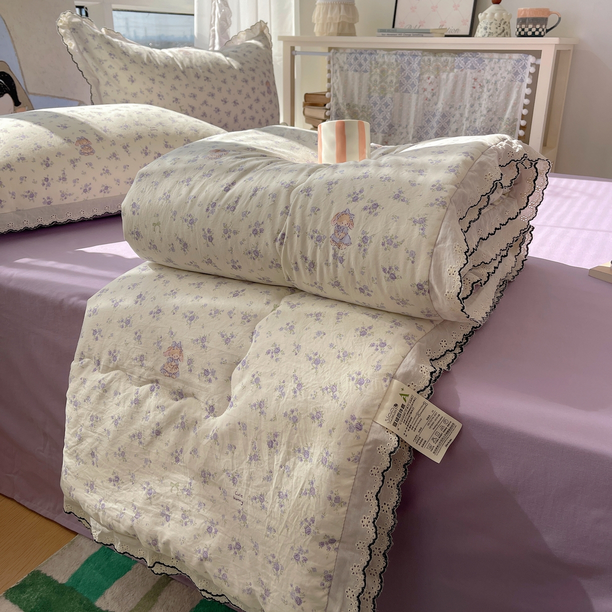 梵克保罗 2026春夏新款10A抗菌全棉黑色花边云朵棉单夏被/夏被四件套空调被 云朵棉-甜囡紫絮