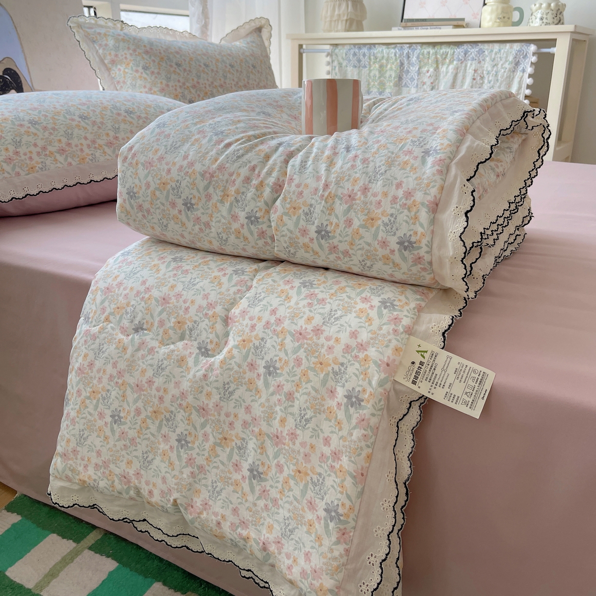 梵克保罗 2026春夏新款10A抗菌全棉黑色花边云朵棉单夏被/夏被四件套空调被 云朵棉-晴花漾