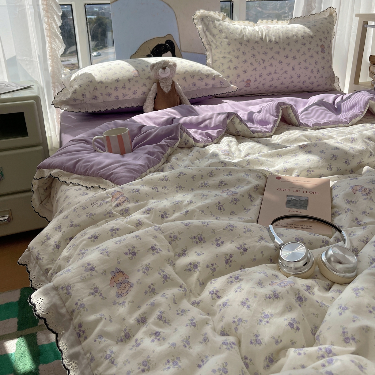 91家纺网 家纺一手货源 找家纺 梵克保罗 2026春夏新款10A抗菌全棉黑色花边云朵棉单夏被/夏被四件套空调被 云朵棉-甜囡紫絮