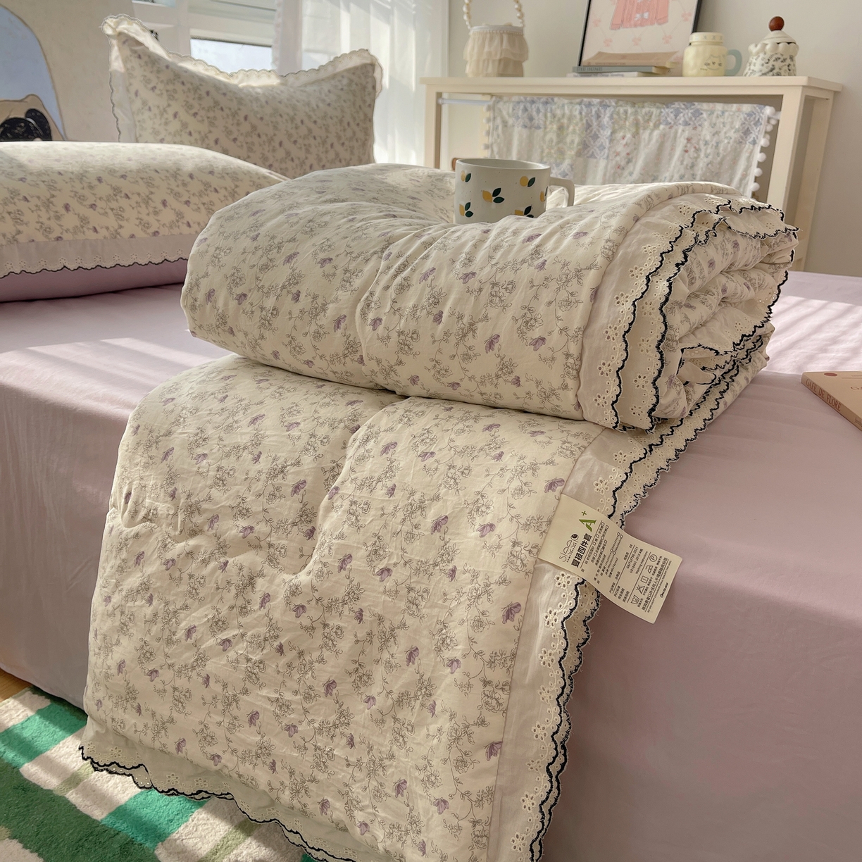 梵克保罗 2026春夏新款10A抗菌全棉黑色花边云朵棉单夏被/夏被四件套空调被 云朵棉-紫萝香