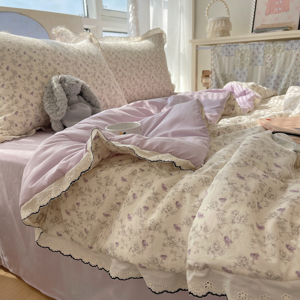 91家纺网 家纺一手货源 找家纺 梵克保罗 2026春夏新款10A抗菌全棉黑色花边云朵棉单夏被/夏被四件套空调被 云朵棉-紫萝香