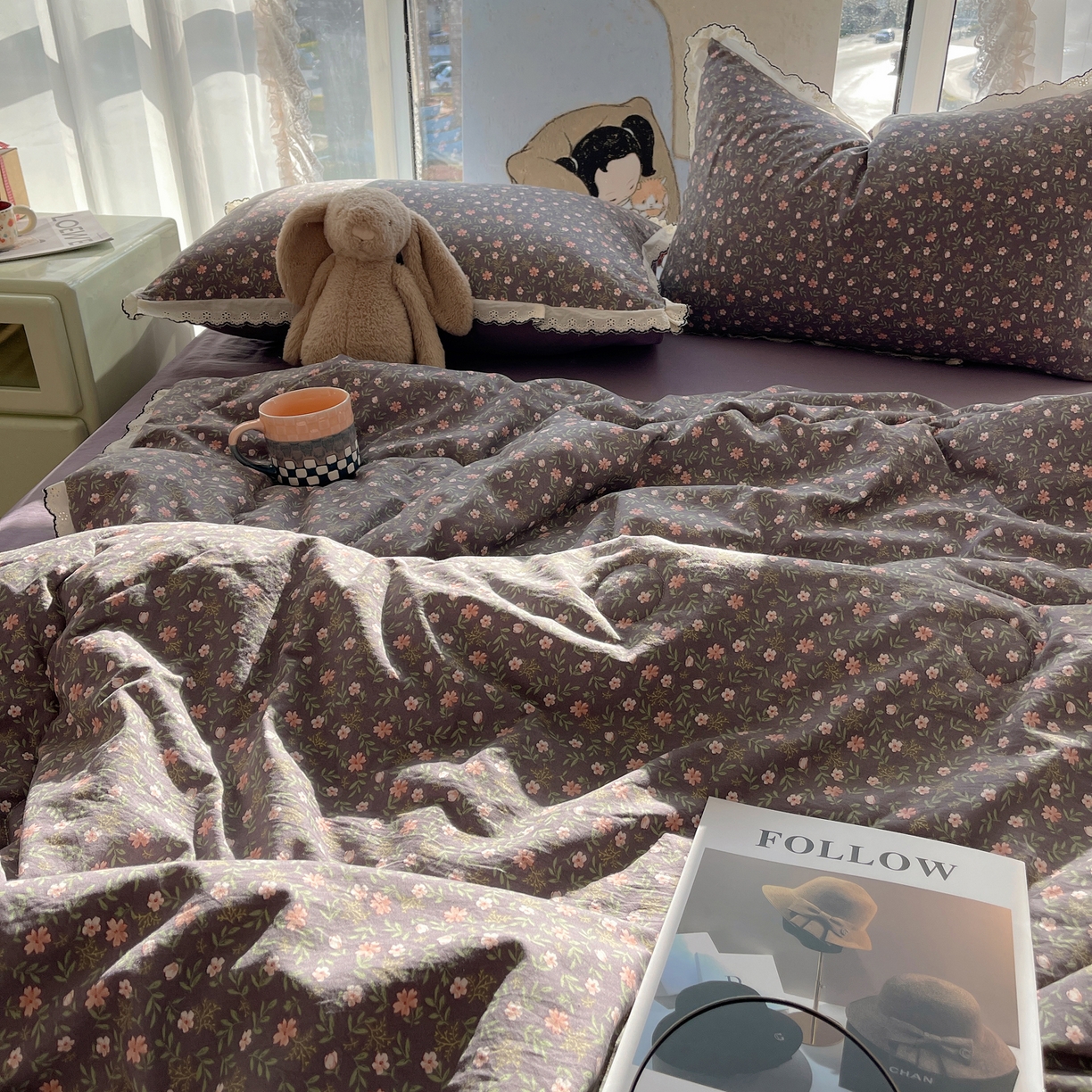 91家纺网 家纺一手货源 找家纺 梵克保罗 2026春夏新款10A抗菌全棉黑色花边云朵棉单夏被/夏被四件套空调被 云朵棉-紫调花簇