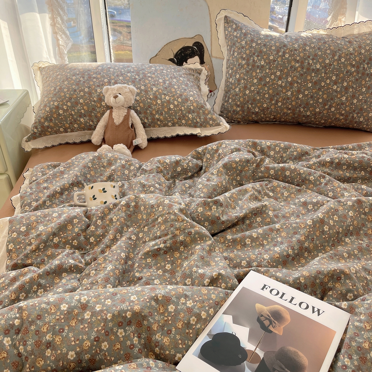 91家纺网 家纺一手货源 找家纺 梵克保罗 2026春夏新款10A抗菌全棉黑色花边云朵棉单夏被/夏被四件套空调被 云朵棉-青黛花笺