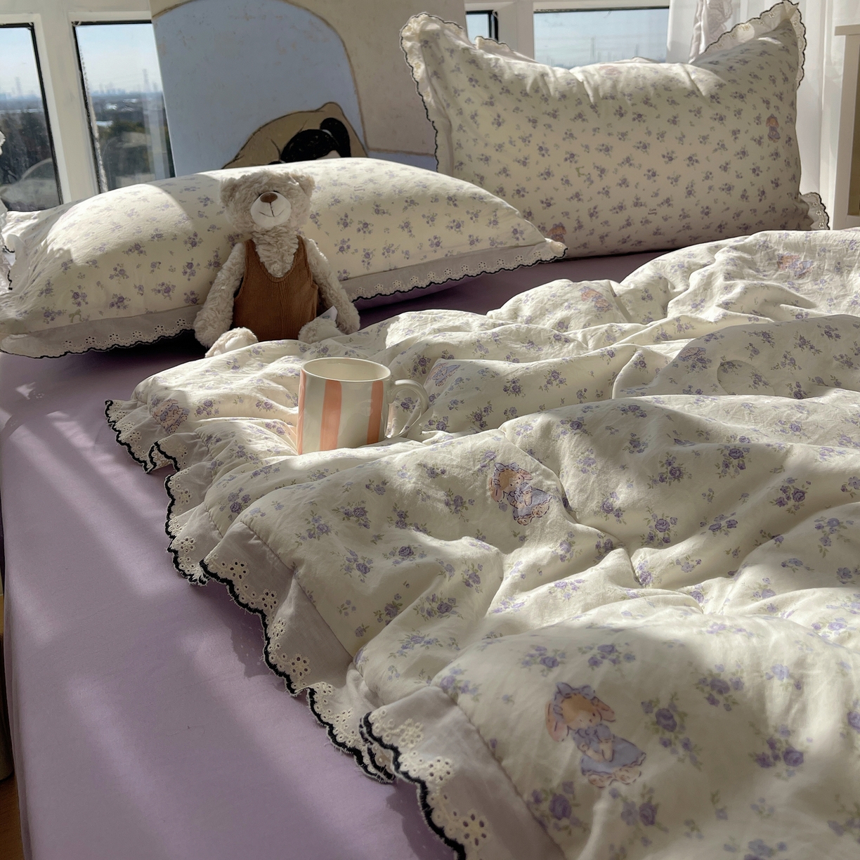 91家纺网 家纺一手货源 找家纺 梵克保罗 2026春夏新款10A抗菌全棉黑色花边云朵棉单夏被/夏被四件套空调被 云朵棉-甜囡紫絮