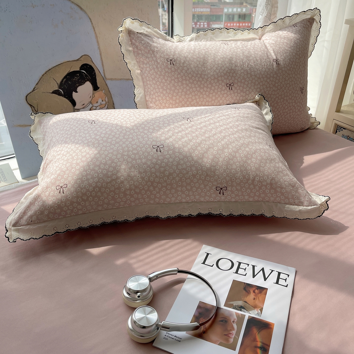 91家纺网 家纺一手货源 找家纺 梵克保罗 2026春夏新款10A抗菌全棉黑色花边云朵棉单夏被/夏被四件套空调被 云朵棉-粉樱蝴蝶结