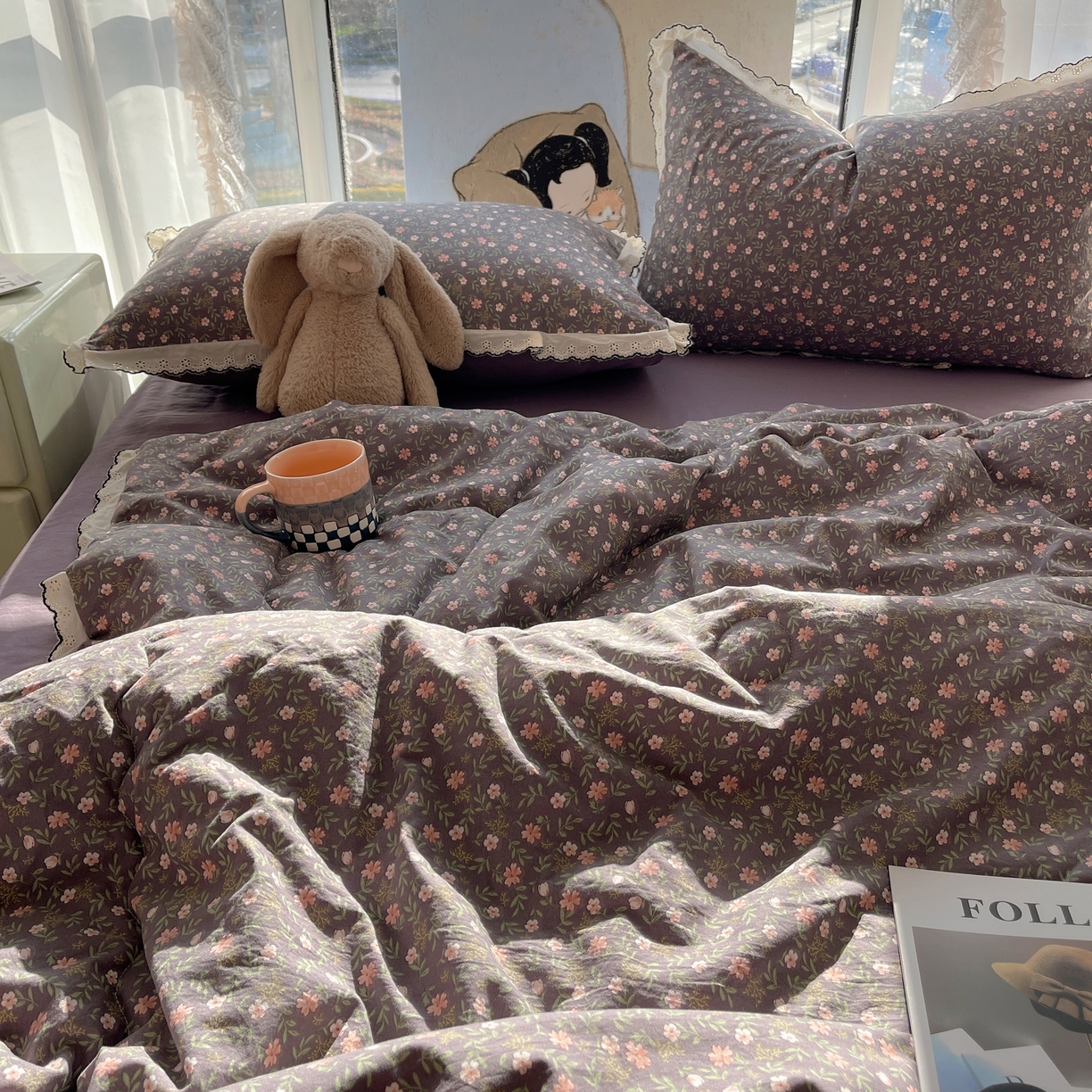 91家纺网 家纺一手货源 找家纺 梵克保罗 2026春夏新款10A抗菌全棉黑色花边云朵棉单夏被/夏被四件套空调被 云朵棉-紫调花簇