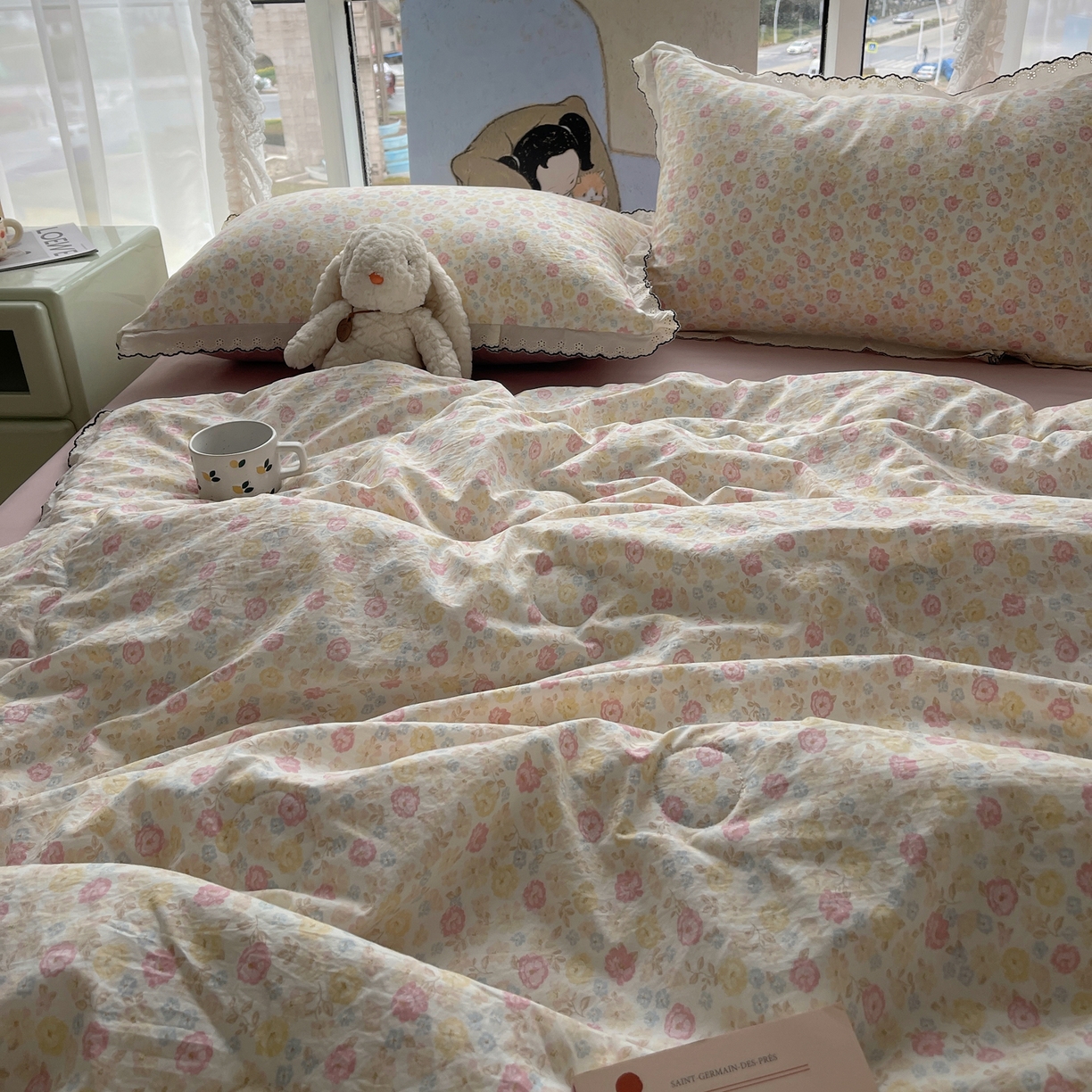 91家纺网 家纺一手货源 找家纺 梵克保罗 2026春夏新款10A抗菌全棉黑色花边云朵棉单夏被/夏被四件套空调被 云朵棉-花团粉簇