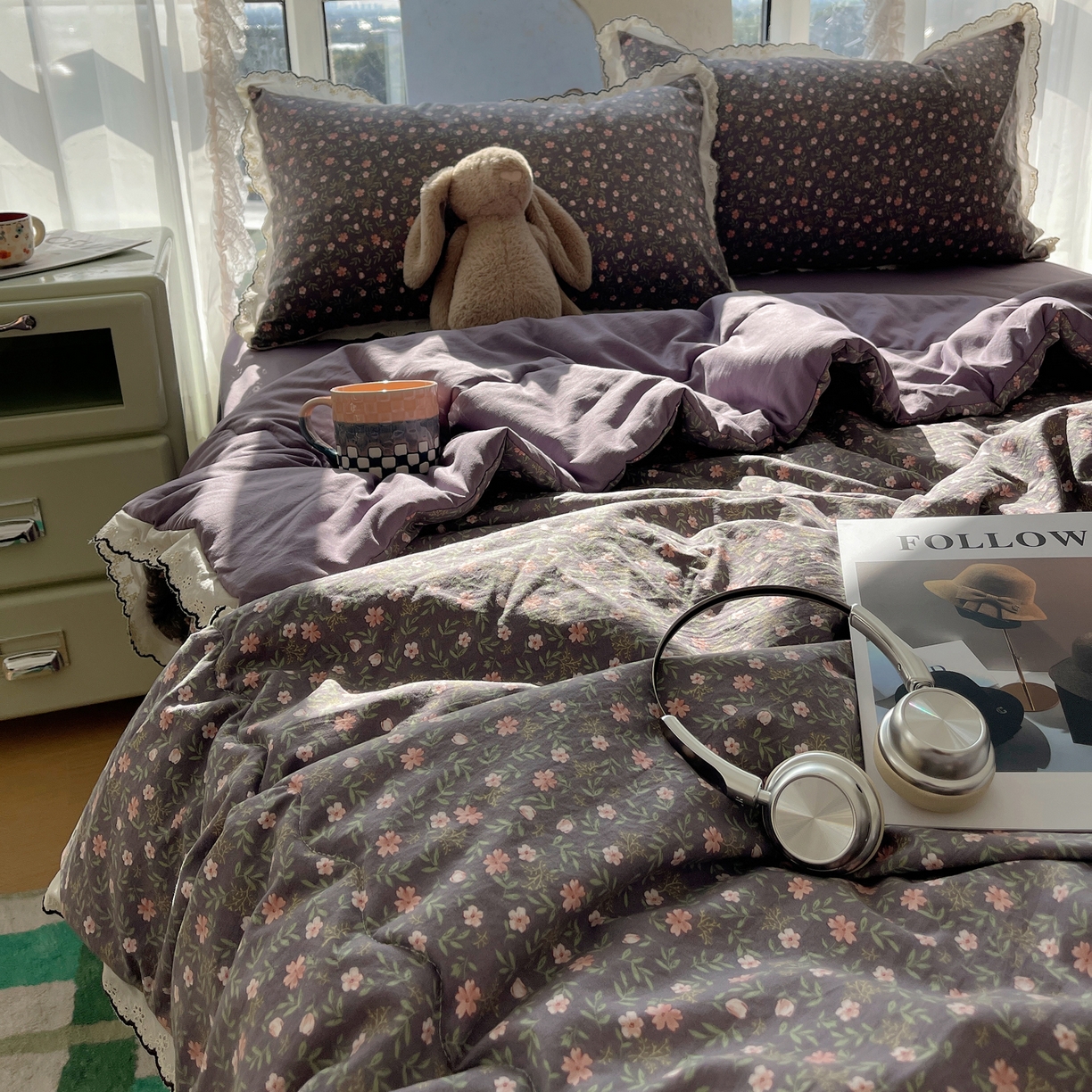 91家纺网 家纺一手货源 找家纺 梵克保罗 2026春夏新款10A抗菌全棉黑色花边云朵棉单夏被/夏被四件套空调被 云朵棉-紫调花簇