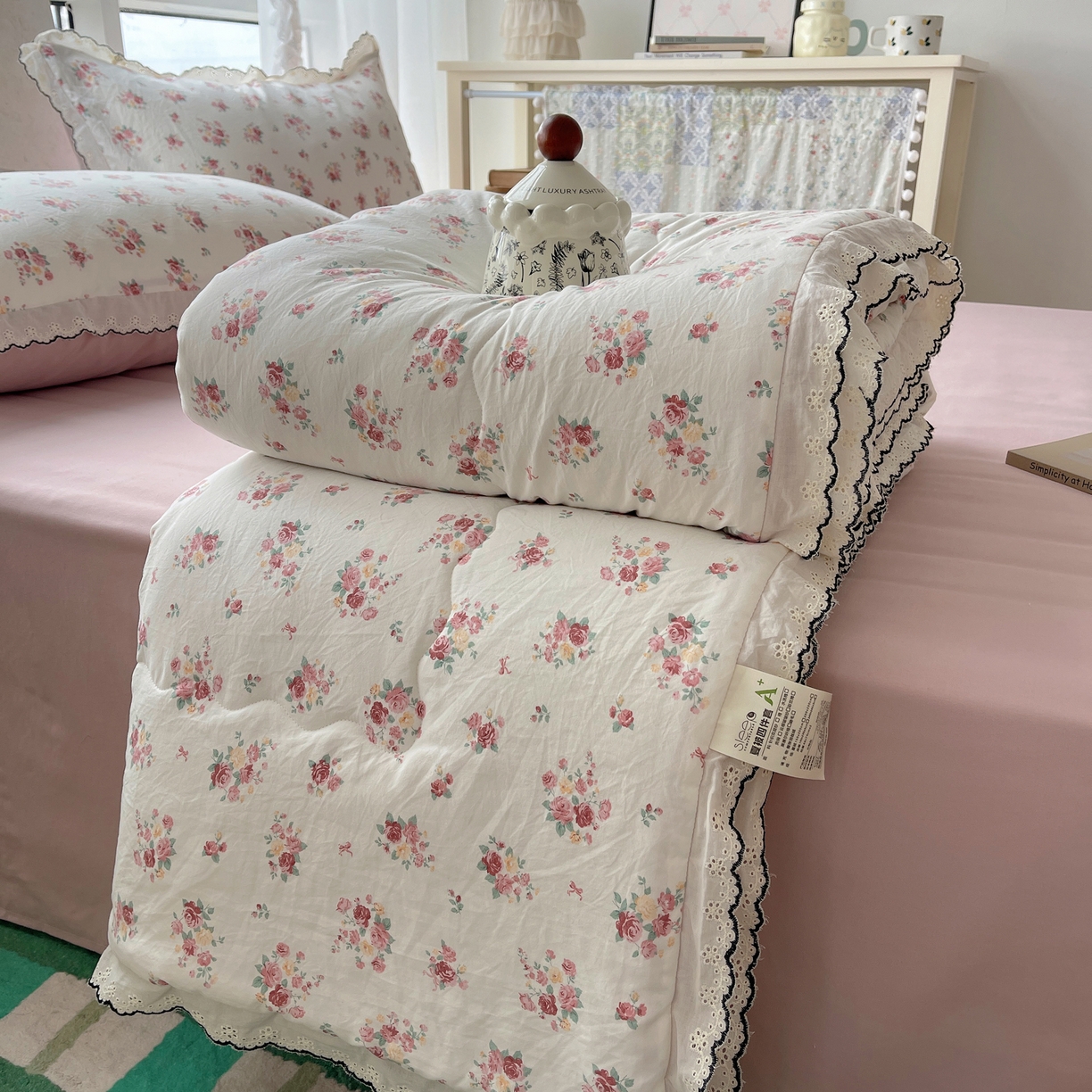 梵克保罗 2026春夏新款10A抗菌全棉黑色花边云朵棉单夏被/夏被四件套空调被 云朵棉-素白繁花