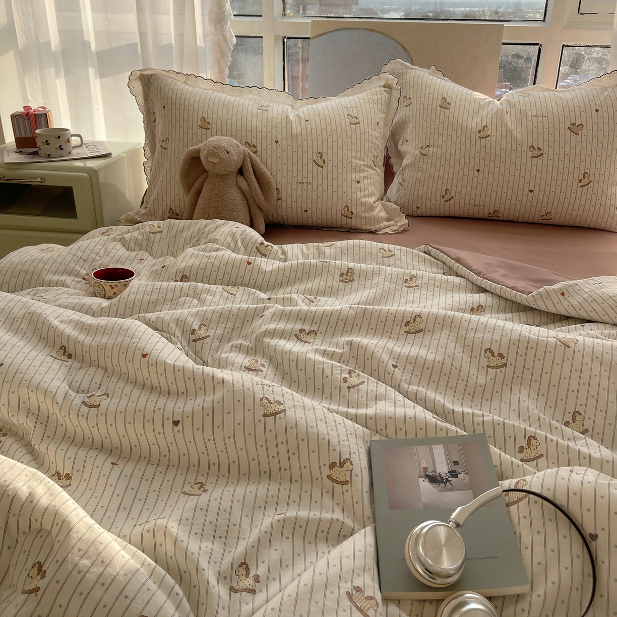 91家纺网 家纺一手货源 找家纺 梵克保罗 2026春夏新款10A抗菌全棉黑色花边云朵棉单夏被/夏被四件套空调被 云朵棉-爱心马