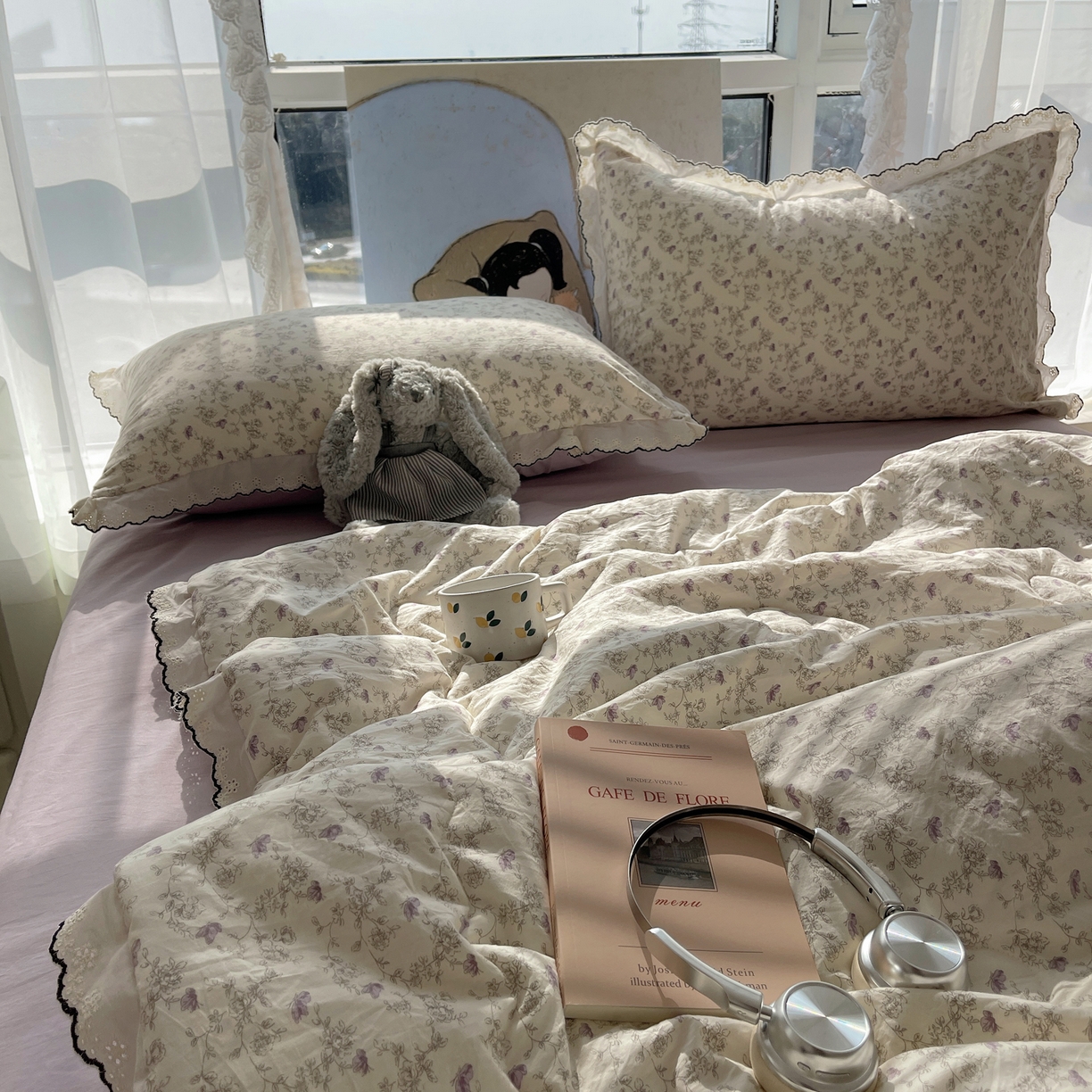 91家纺网 家纺一手货源 找家纺 梵克保罗 2026春夏新款10A抗菌全棉黑色花边云朵棉单夏被/夏被四件套空调被 云朵棉-紫萝香